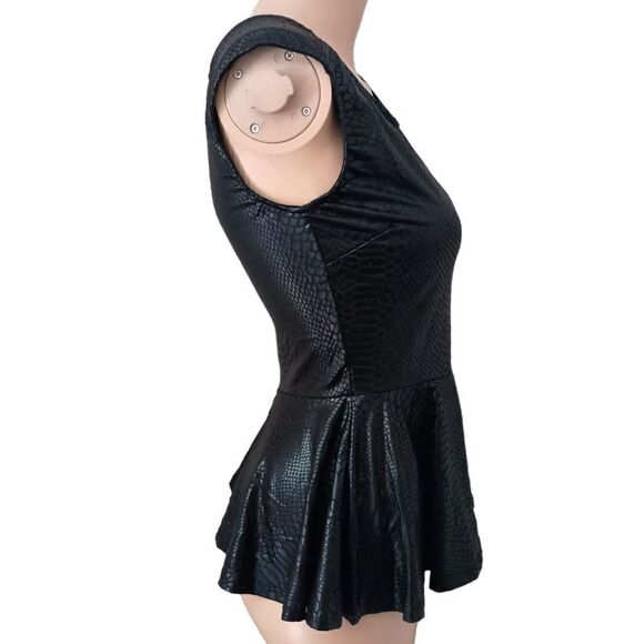 Vintage 90s Faux Leather Peplum Top S  Sexy Animal Print Embossed Wet Look Zips. - Picture 2 of 15